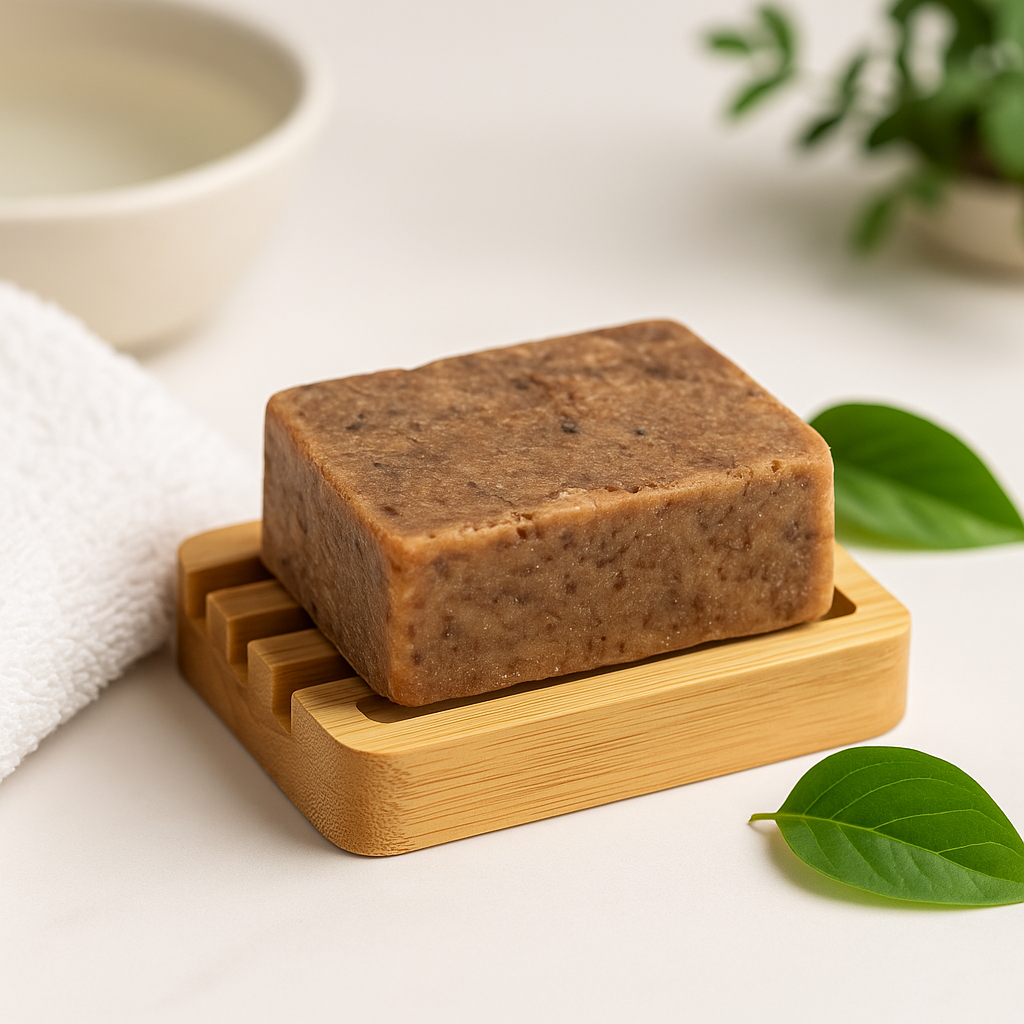 ✨ Glowsavy African Black Soap on a bamboo soap dish with natural background.