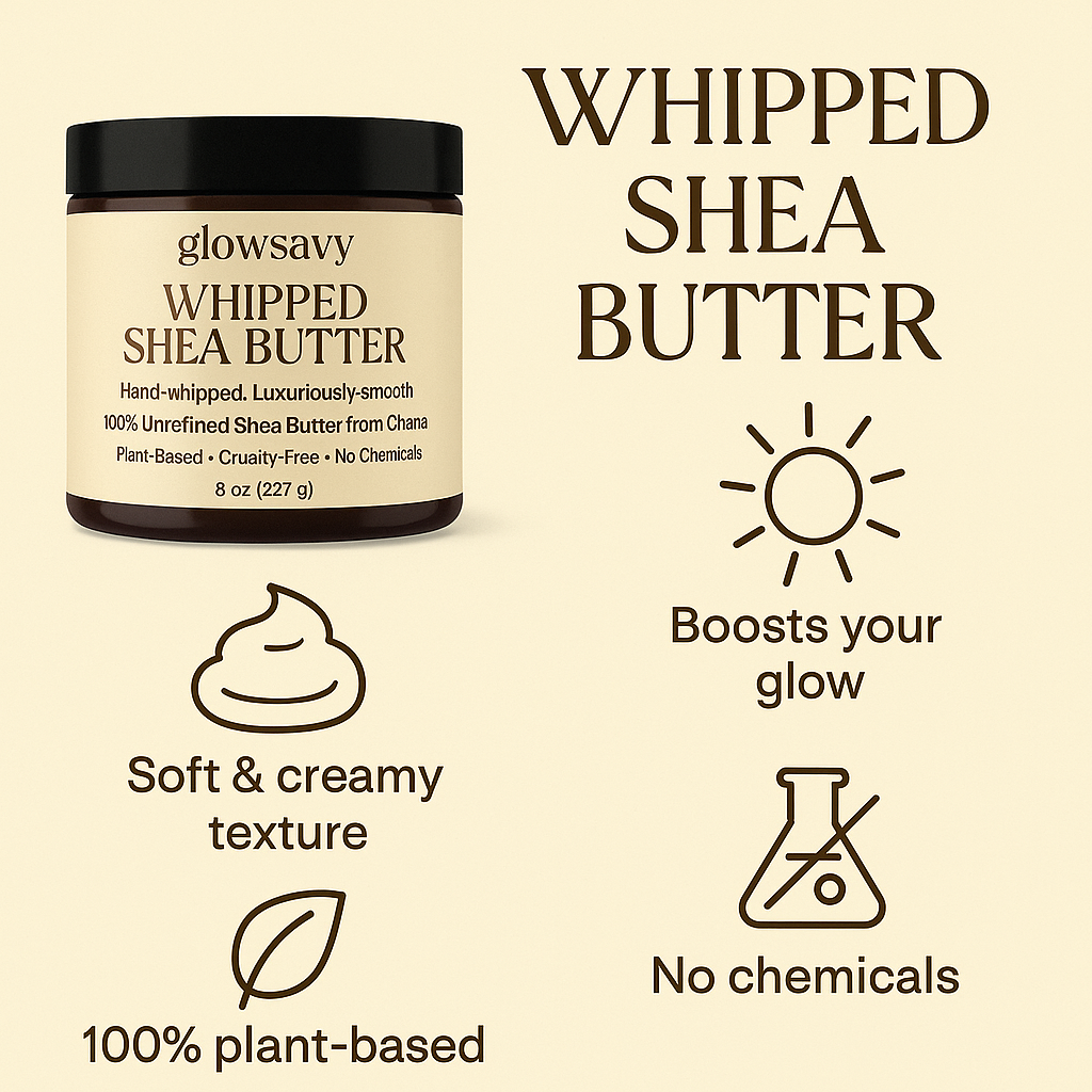 Hand-whipped to creamy perfection, this 100% Ghana shea butter melts into skin and hair—your daily glow ritual, redefined.