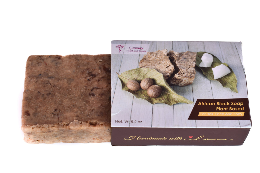 Glowsavy African Blac bar with packaging, handcrafted in Ghana.